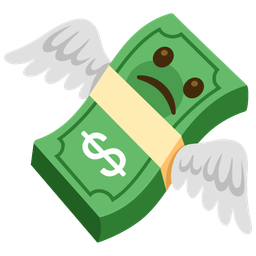 money with wings and slightly frowning face