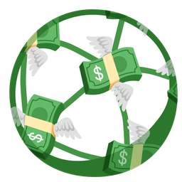 money with wings and soccer ball