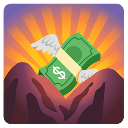 money with wings and sunrise over mountains
