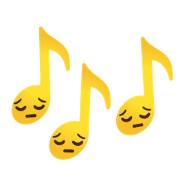musical notes and pensive face
