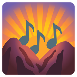 musical notes and sunrise over mountains