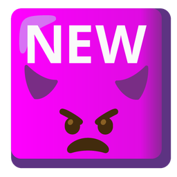 NEW button and angry face with horns