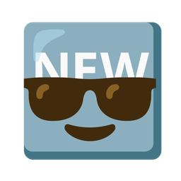 NEW button and smiling face with sunglasses