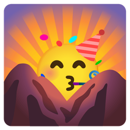 partying face and sunrise over mountains