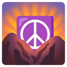 peace symbol and sunrise over mountains