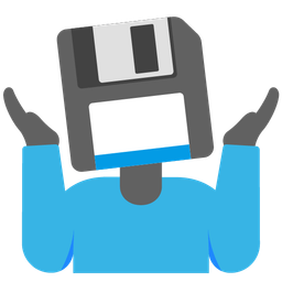 person shrugging and floppy disk