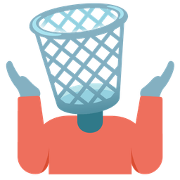 person shrugging and wastebasket