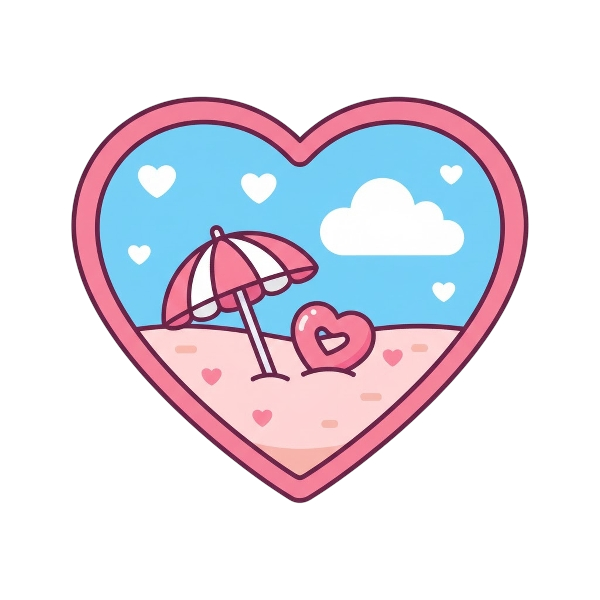 Pink heart and Beach with umbrella