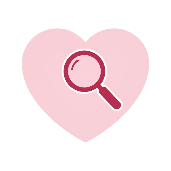 Pink heart and Magnifying glass tilted right