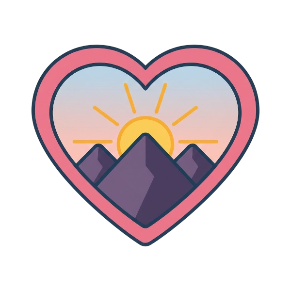 Pink heart and Sunrise over mountains