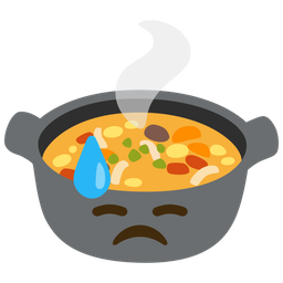 pot of food and downcast face with sweat