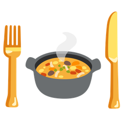 pot of food and fork and knife with plate
