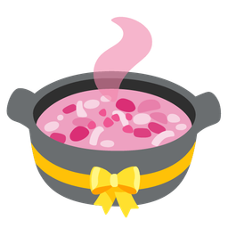 pot of food and heart with ribbon