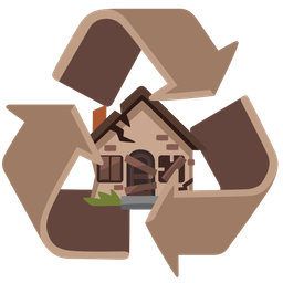 recycling symbol and derelict house