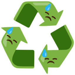 recycling symbol and downcast face with sweat