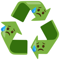 recycling symbol and sad but relieved face