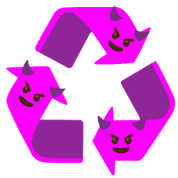 recycling symbol and smiling face with horns