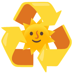 recycling symbol and sun with face