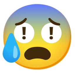 red exclamation mark and anxious face with sweat