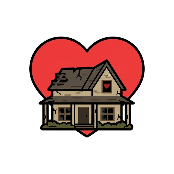 Red heart and Derelict house