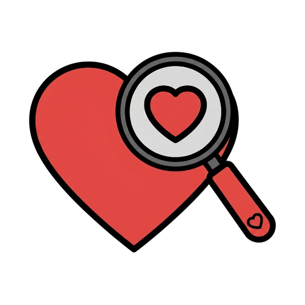 Red heart and Magnifying glass tilted right