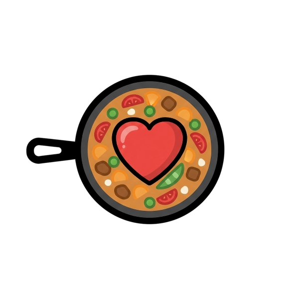 Red heart and Shallow pan of food
