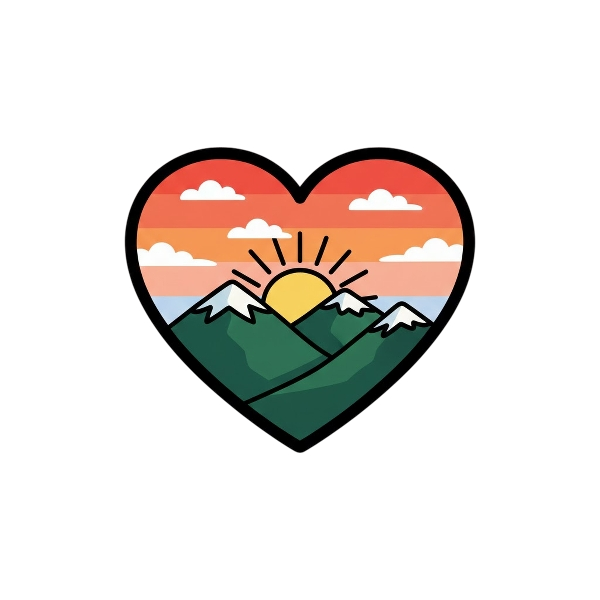 Red heart and Sunrise over mountains