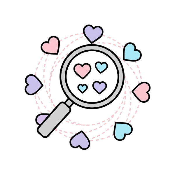 Revolving hearts and Magnifying glass tilted right