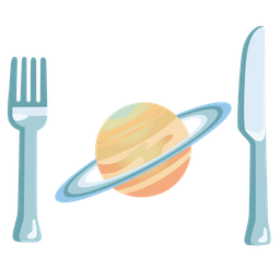 ringed planet and fork and knife with plate