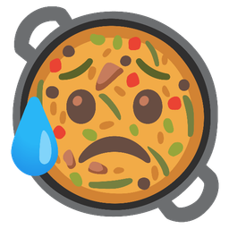 Sad but relieved face and Shallow pan of food