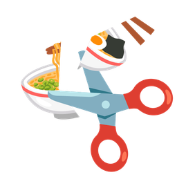 scissors and steaming bowl