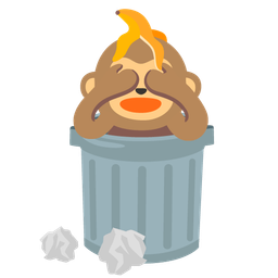 see-no-evil monkey and wastebasket