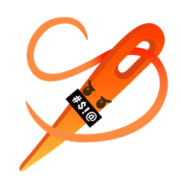 sewing needle and face with symbols on mouth