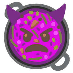 shallow pan of food and angry face with horns