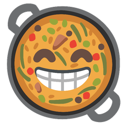 Shallow pan of food and Beaming face with smiling eyes