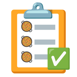 shallow pan of food and check mark button