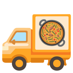 shallow pan of food and delivery truck