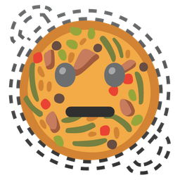 shallow pan of food and dotted line face