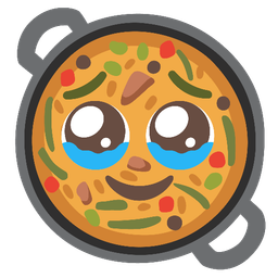 shallow pan of food and face holding back tears