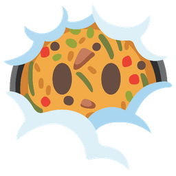 shallow pan of food and face in clouds