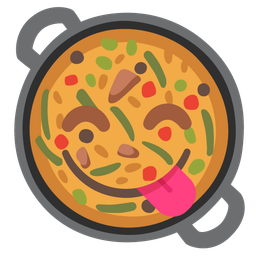 Shallow pan of food and Face savoring food