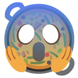 shallow pan of food and face screaming in fear