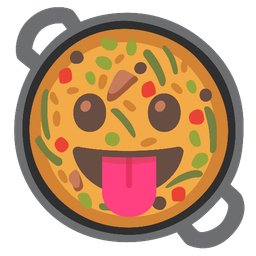 Shallow pan of food and Face with tongue