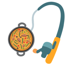 shallow pan of food and fishing pole