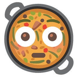 shallow pan of food and flushed face