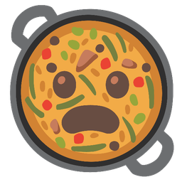 shallow pan of food and frowning face with open mouth