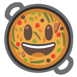 Shallow pan of food and Grinning face with big eyes