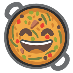 Shallow pan of food and Grinning face with smiling eyes