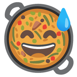 Shallow pan of food and Grinning face with sweat