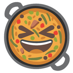 Shallow pan of food and Grinning squinting face